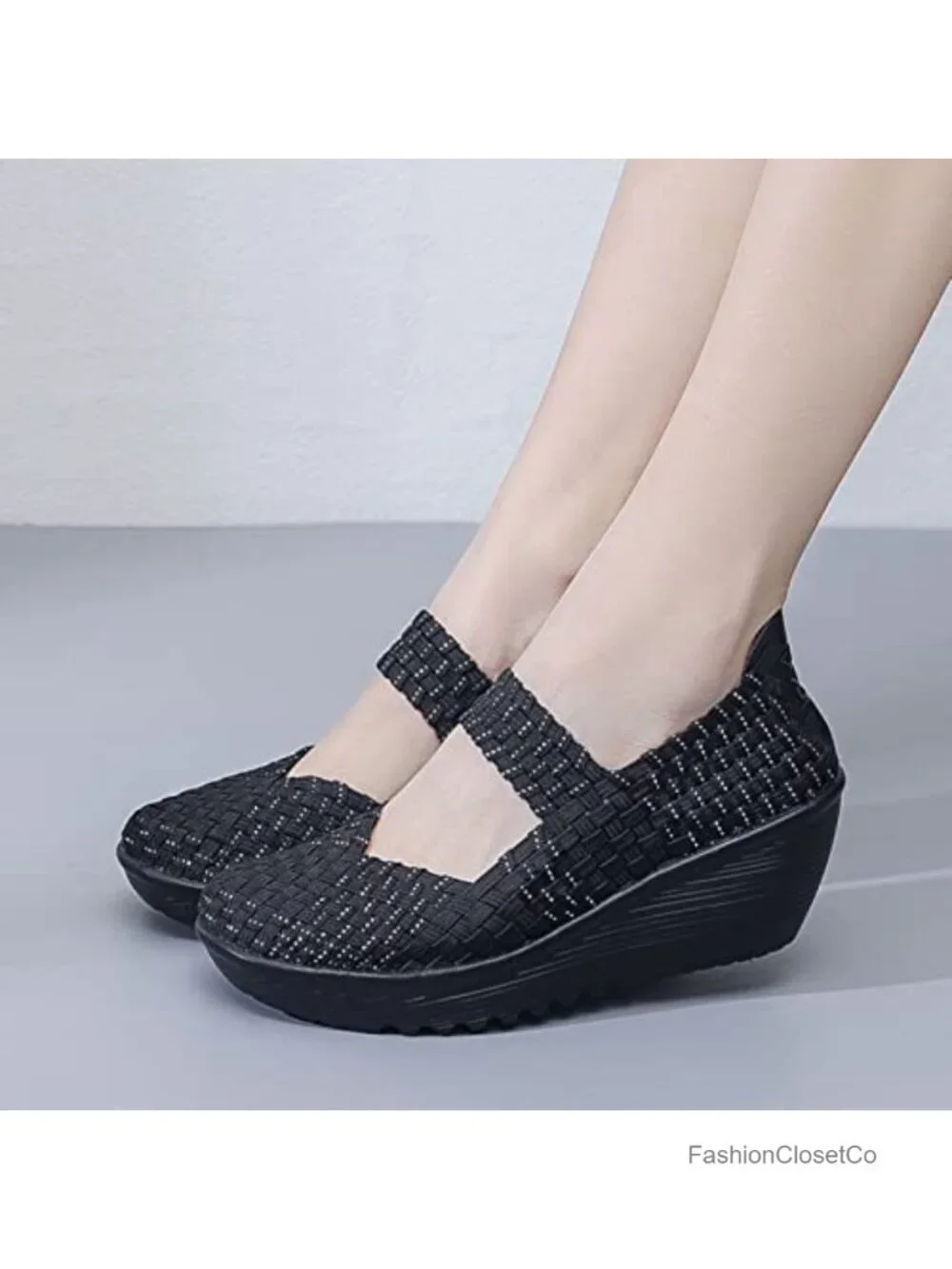Women's Wedge Sandals Woven Elastic Mary Jane Pumps Comfort Casual